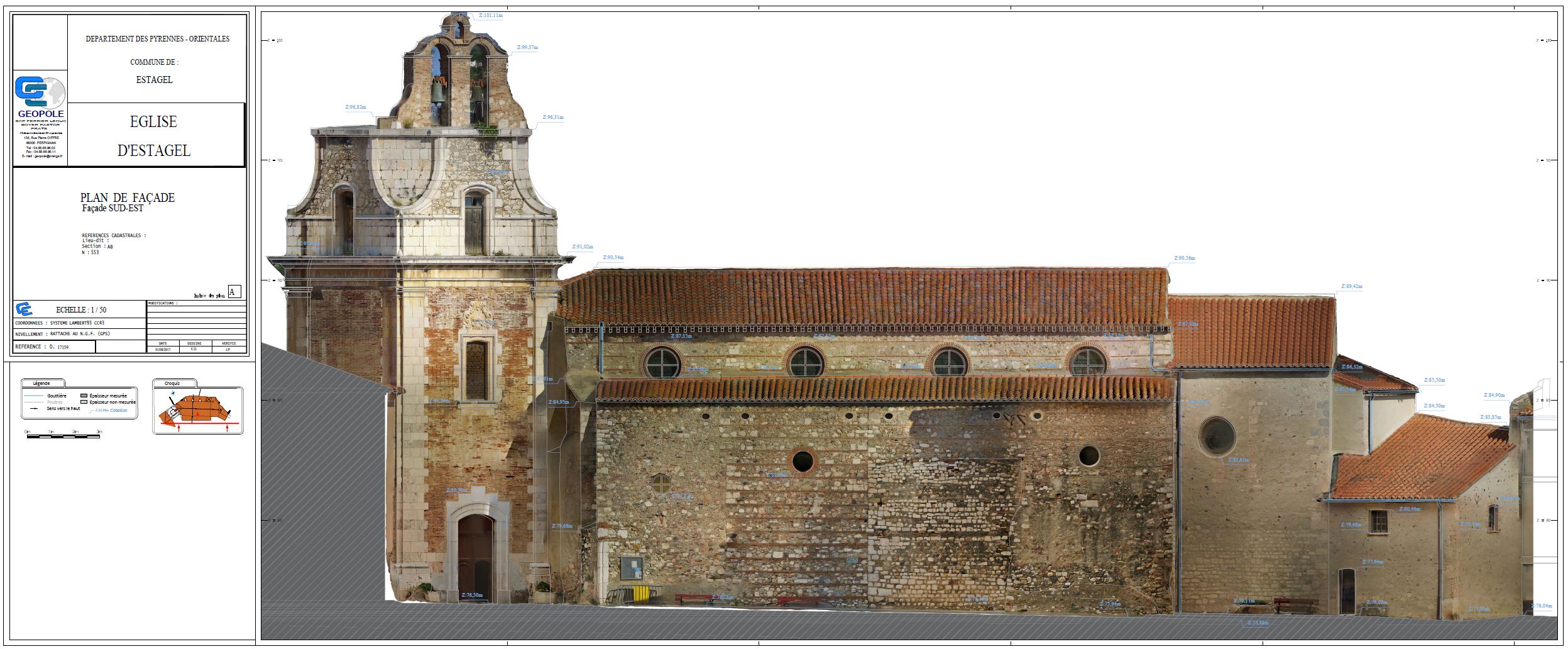 Orthophotoplan d'une élévation de l'église d'Estagel avec digitalisation superposée.